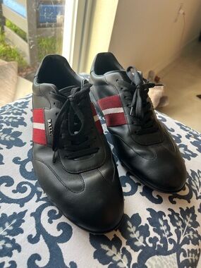 Bally Black Halden Leather Sneakers with Red and White Stripe